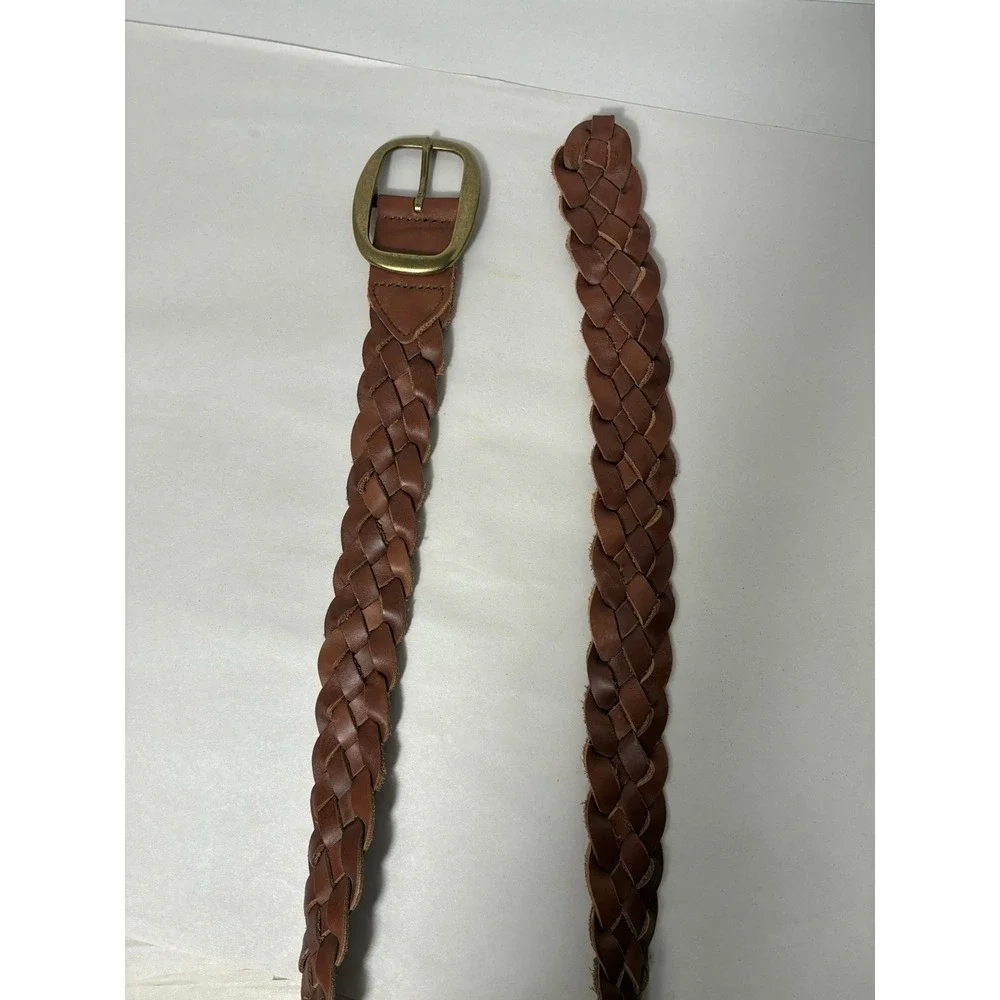 Genuine Leather Woven Belt Womens S/M Brown Western Casual Brass Buckle